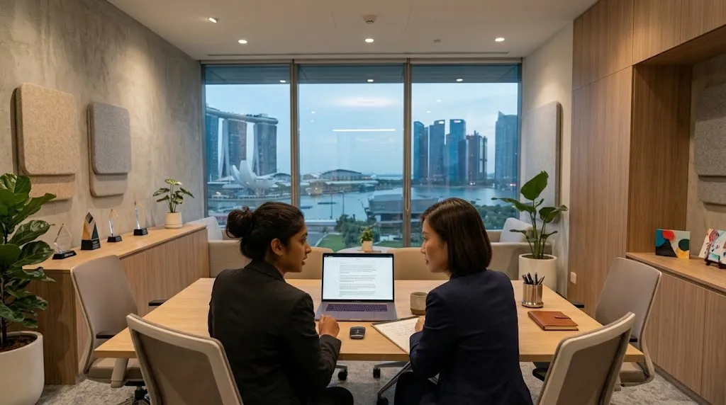 Two lawyers reviewing and editing a structured draft legal file note on a laptop in an office conference room