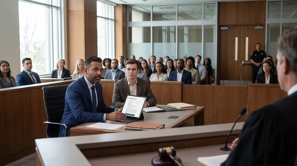 Lawyer in a courtroom presenting a legal document on a tablet at counsel table before a judge