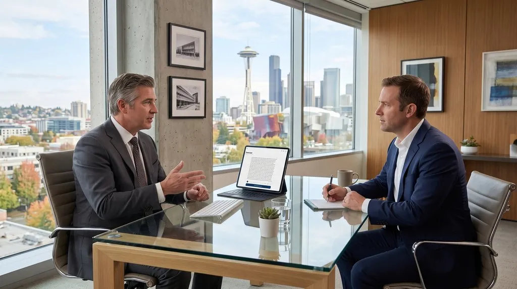 Lawyers in a conference room evaluating AI transcription accuracy, speaker identification, and reviewing legal audio recordings