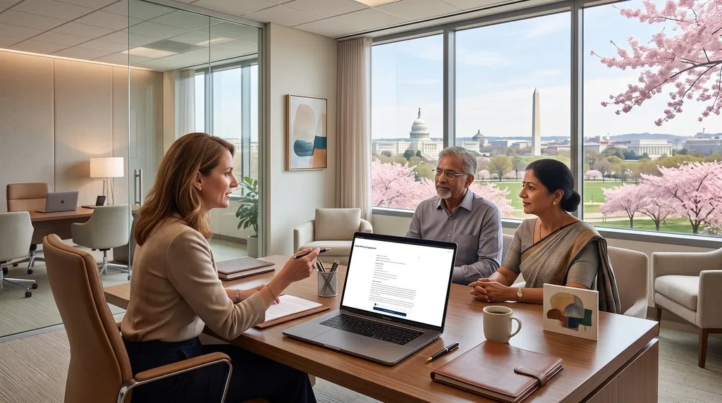 A lawyer conducting a client consultation in an office with a laptop displaying a structured legal File Note