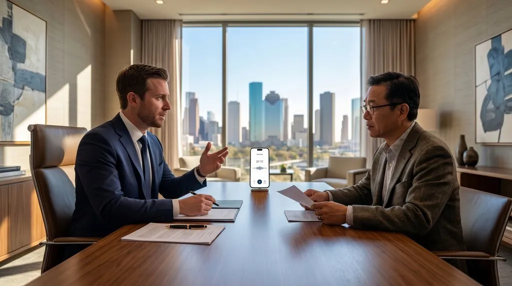 A lawyer and client in a conference room with an iPhone on a stand between them recording a legal consultation meeting