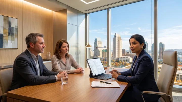 Lawyer discussing client meeting notes with two adults in an office, with a structured File Note displayed on a tablet