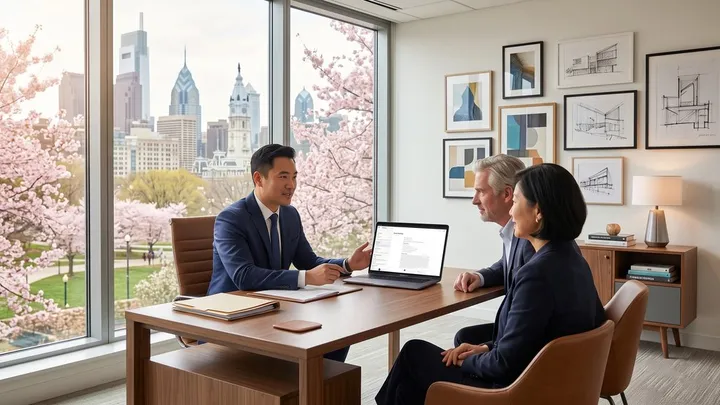 Attorney discussing estate-planning instructions with a couple in a modern law office, with a structured File Note displayed on a laptop